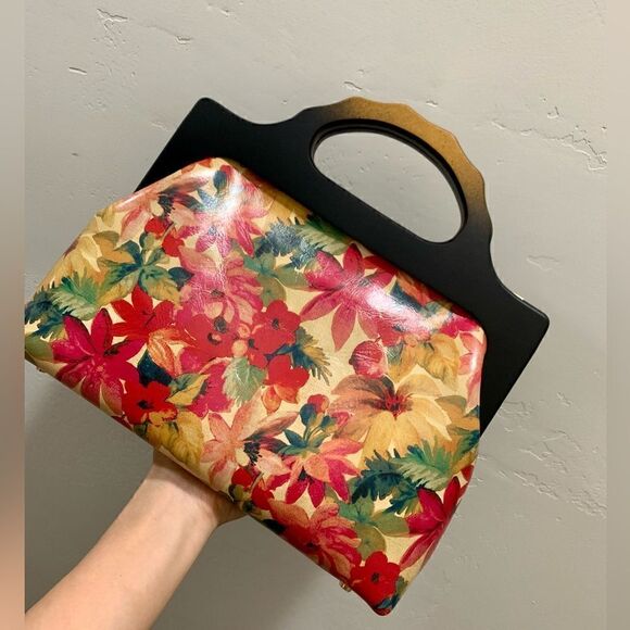 Handmade Genuine Leather Floral Print Large wooden Frame Bag & 2 Strap Styles - Picture 9 of 15
